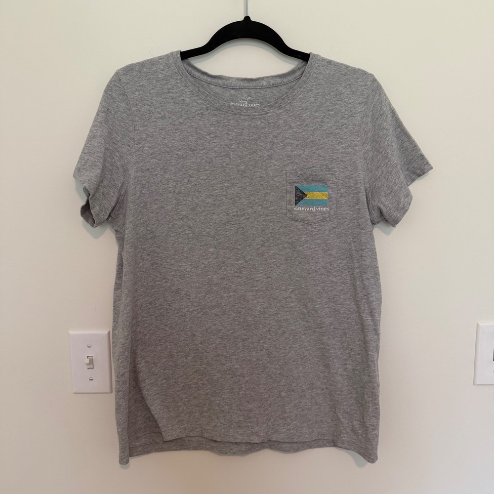 Vineyard Vines Womens Bahamas Flag Pocket T-Shirt Grey Cotton Short Sleeve L